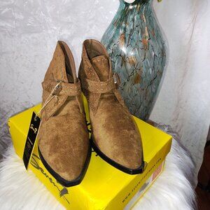 Seven7 Dallas faux brown suede studded ankle bootie.